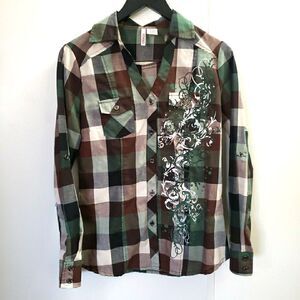 Bongo Women's Size L Camo Plaid Long Sleeve Button-Up Shirt Top Army